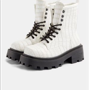 Topshop White Crocodile Chunky Lace Up Boots